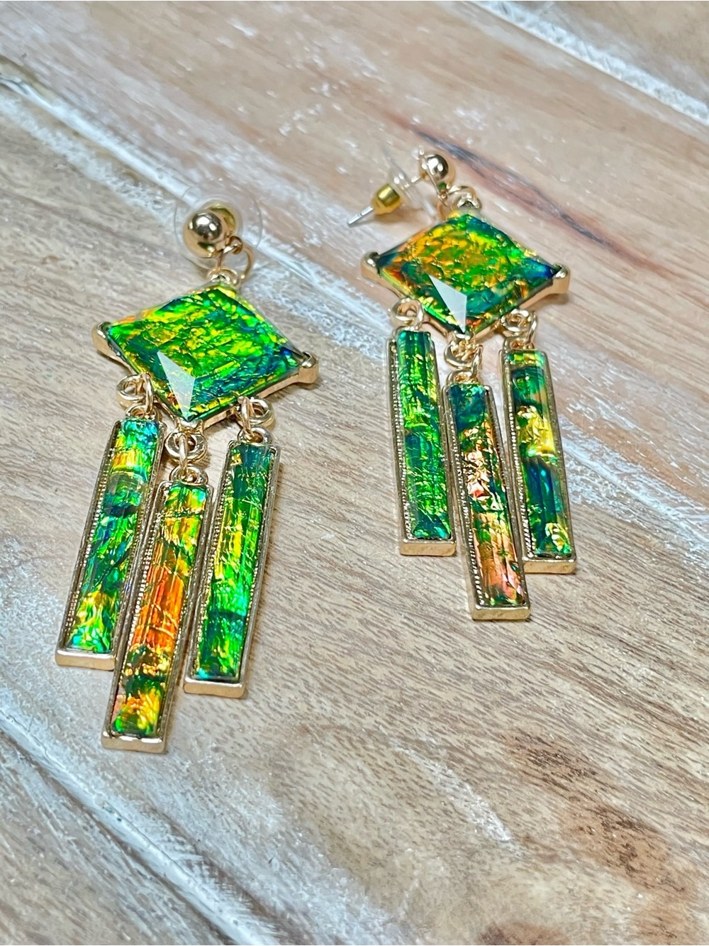 Gold-Tone Iridescent Green Dangle Earrings - Women Jewelry - Picture 3 of 4